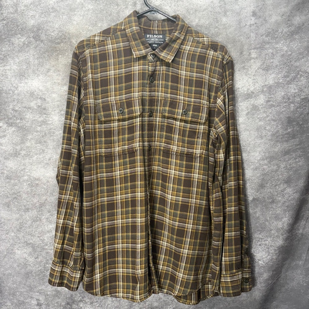 Filson Cotton Scout Flannel Plaid Button Up Shirt Mens Size L Brown Heritage